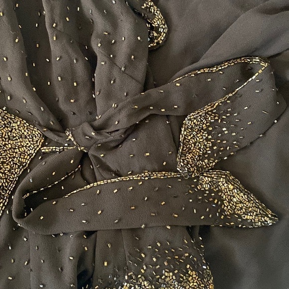 Jkara Beaded Bodice V-Neck Short Sleeve Faux Wrap Gown - Picture 11 of 12